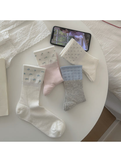 Rufia - Simple Decorative Mixed Pattern Crew Socks