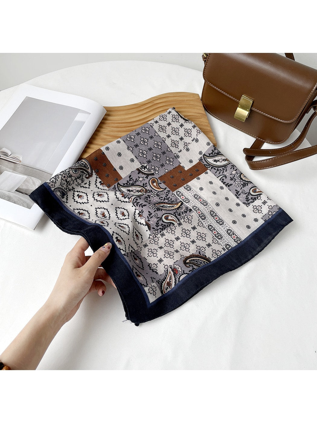 Scarvii - Paisley Print Color Block Square Scarf