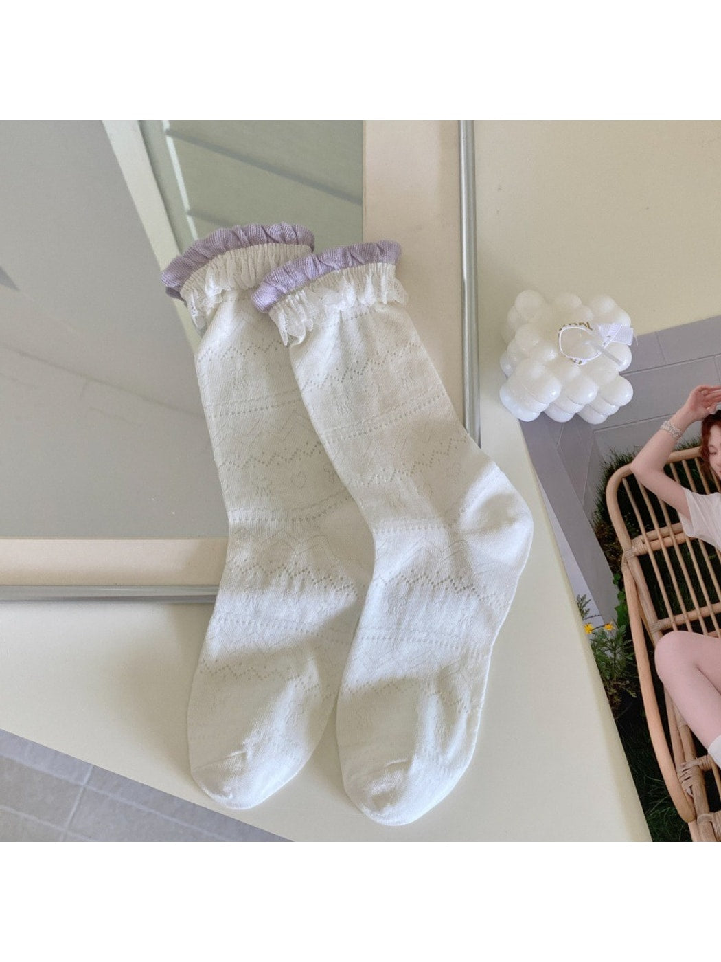 Rufia - Sweet Floral Bow Ruffle Openwork Crew Socks