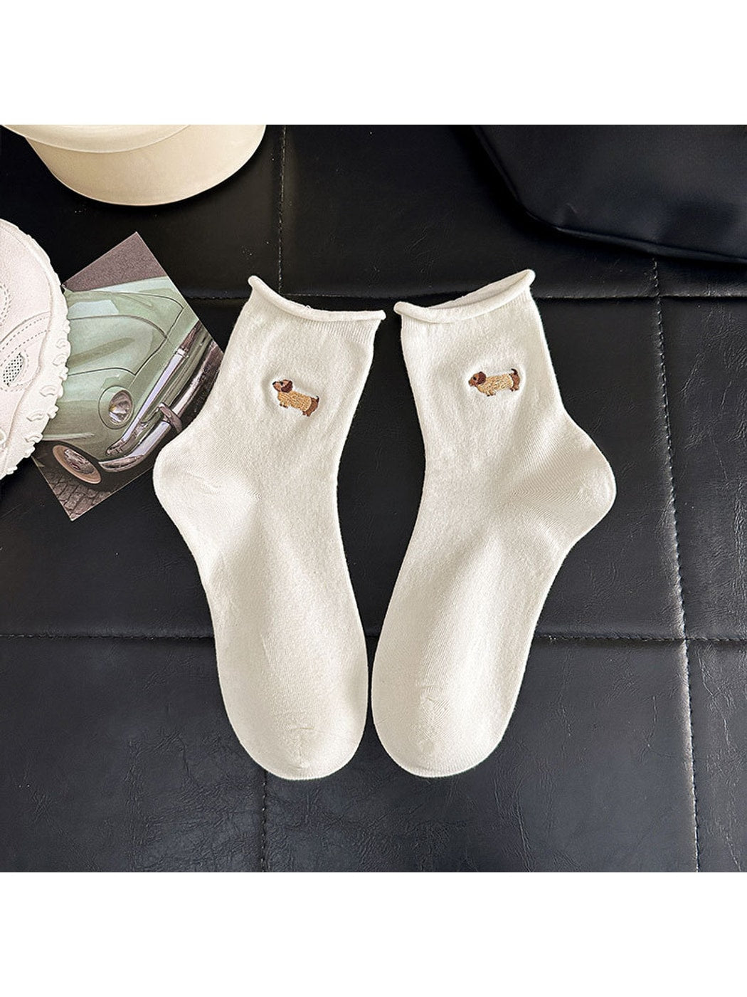 Rufia - Cute Animal Motif Rolled Cuff Crew Socks