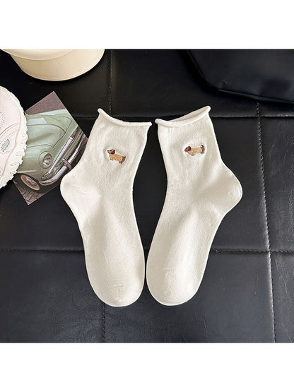 Rufia - Cute Animal Motif Rolled Cuff Crew Socks