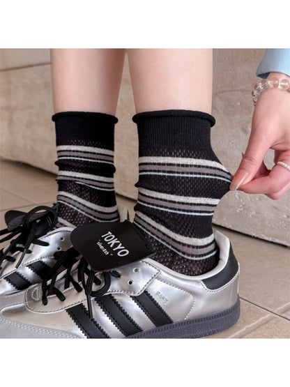 Close-up of Rufia rolled edge stripe socks heel and toe area in navy color