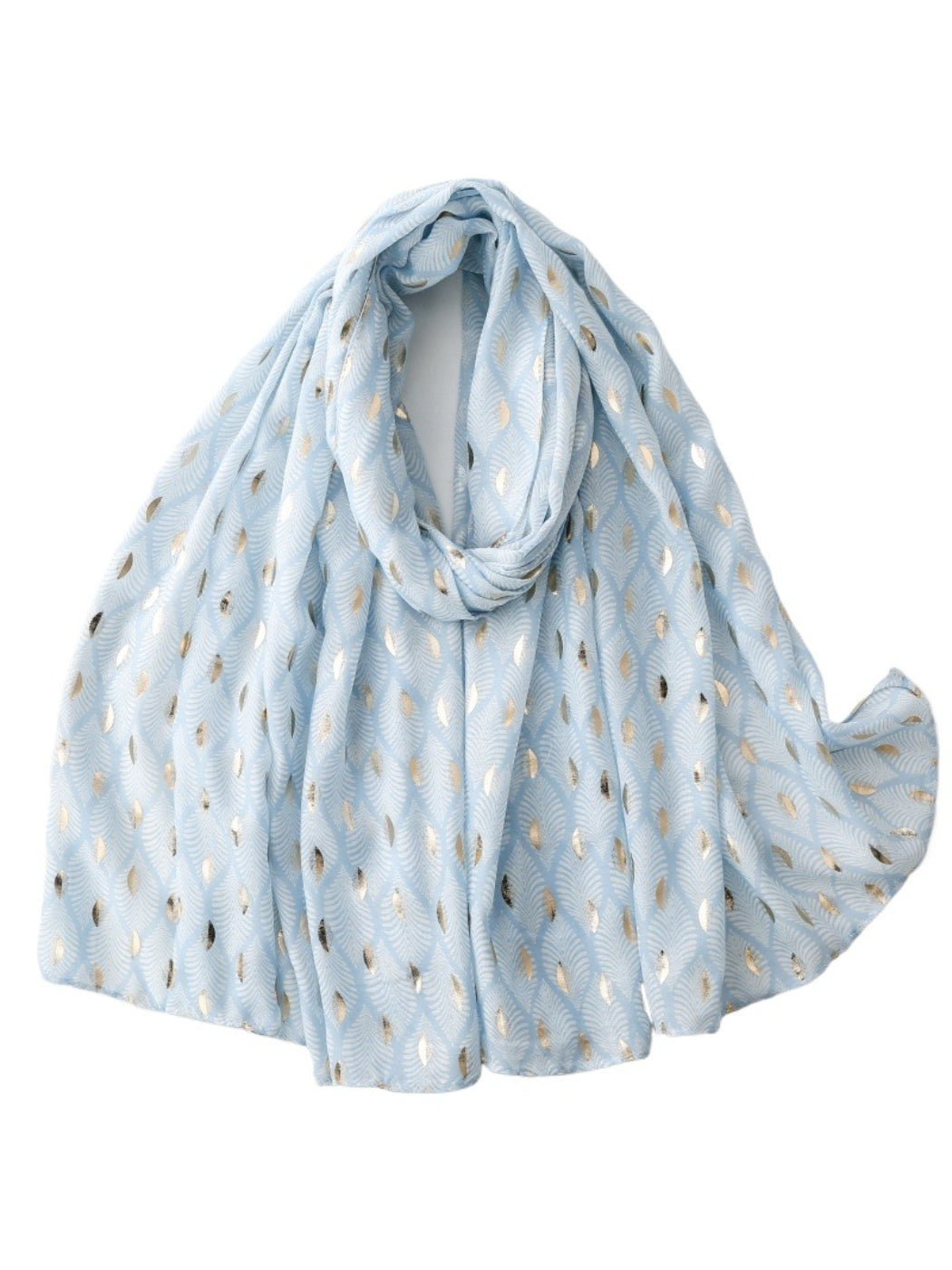 Scarf folded neatly highlighting the feather design and smooth fabric texture