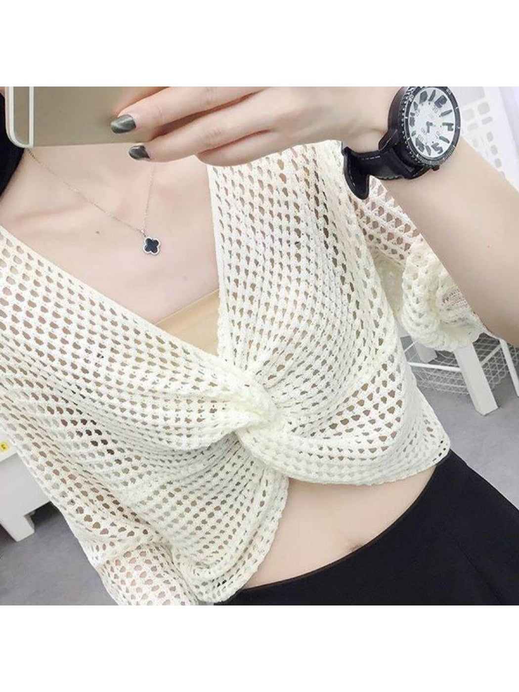 Crosa - V Neck Openwork Long Sleeve Cover Up