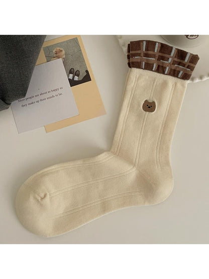 Rufia - Brown Cute Bear Pattern Crew Socks