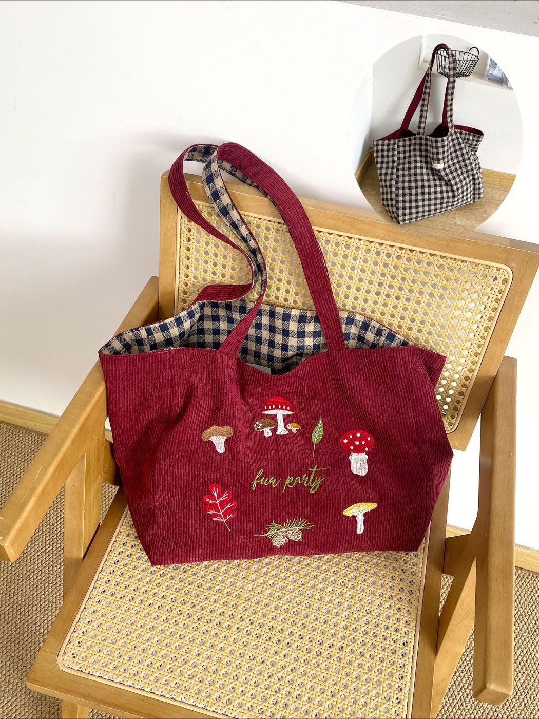 Cosbai – Retro Corduroy Mushroom Embroidered Shoulder Bag