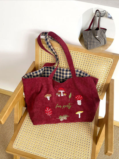 Cosbai – Retro Corduroy Mushroom Embroidered Shoulder Bag