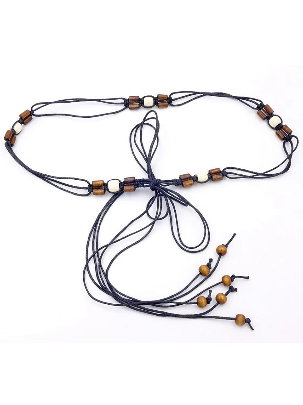 Beco Boho rope beaded tie belt styled on a white background