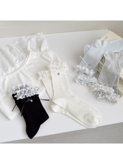 Rufia - Lace Ruffles Trim Bow Detail Crew Socks
