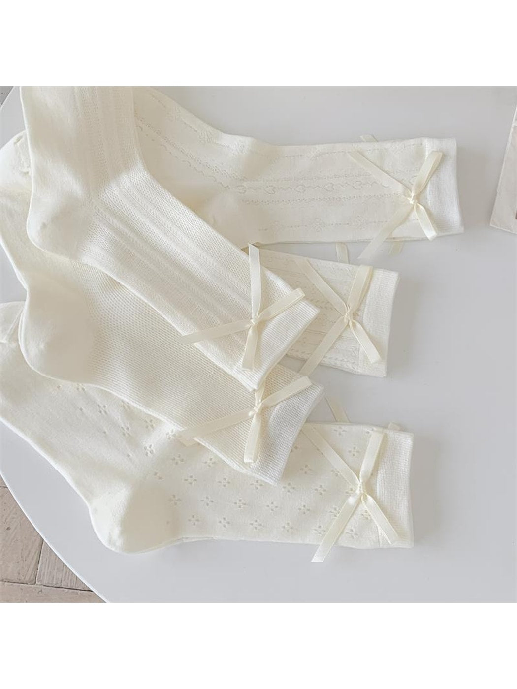 Rufia - White Bow Accent Openwork Crew Socks