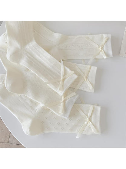 Rufia - White Bow Accent Openwork Crew Socks
