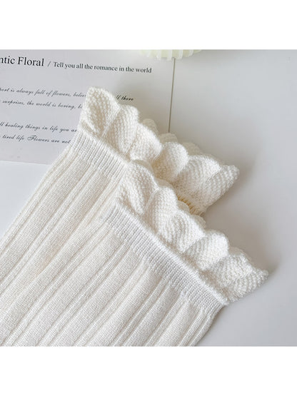 Rufia - Solid Color Ribbed Ruffle Crew Socks