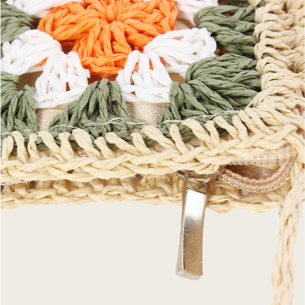 Cosbai - Boho Woven Flower Crossbody Bag With Zipper