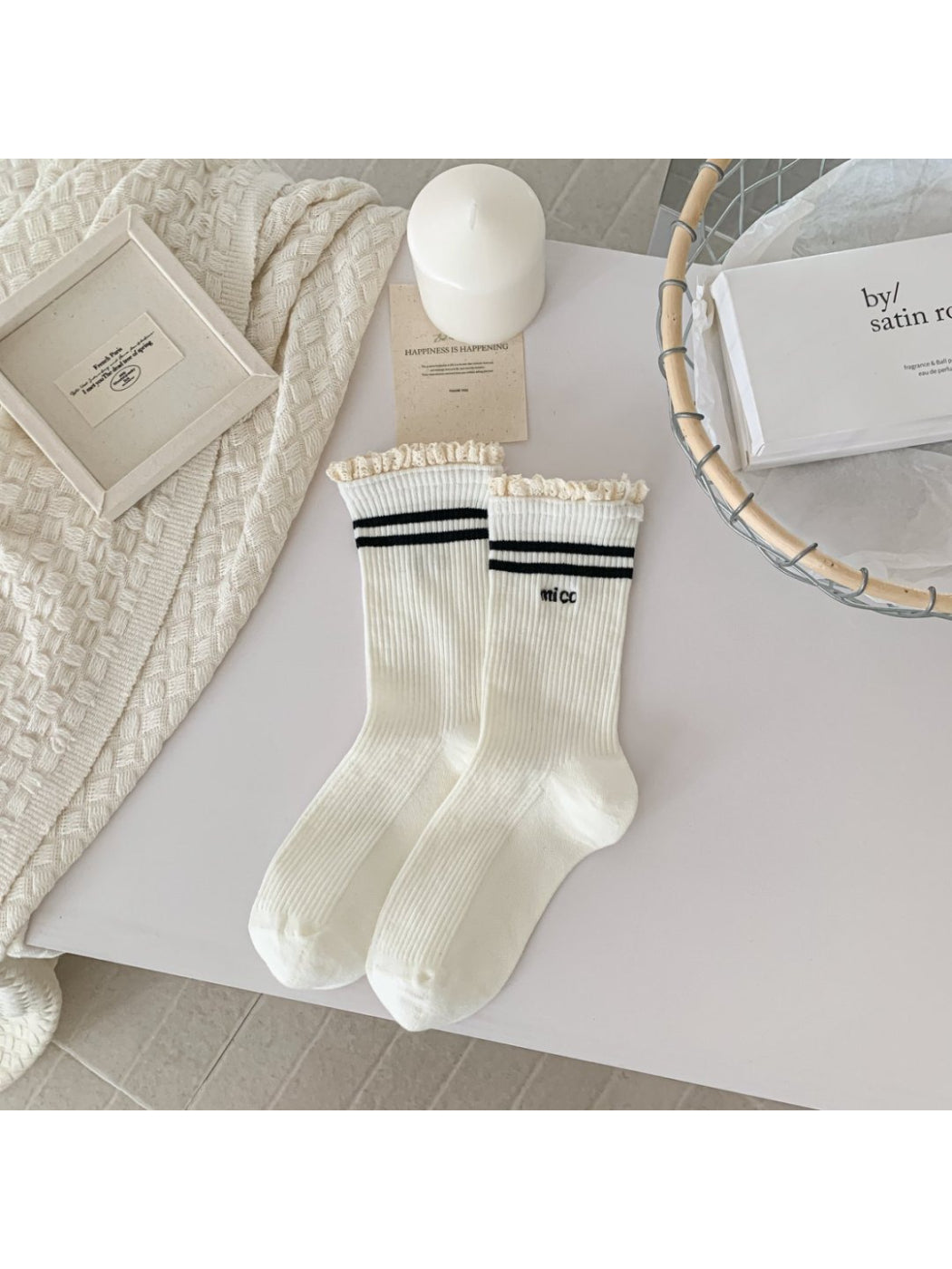Rufia - Lace Trim Stripe Ribbed Crew Socks