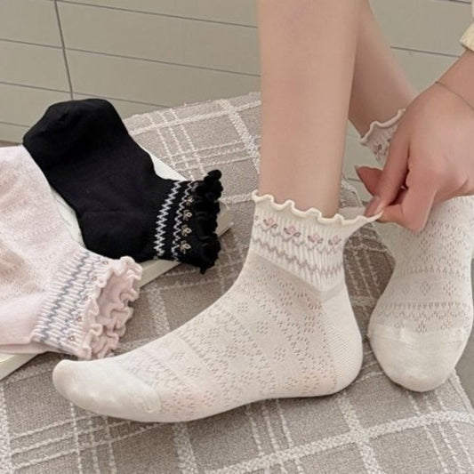 Close-up of Rufia Sweet Frill Cuff Crew Socks showing soft knit texture and frill edge