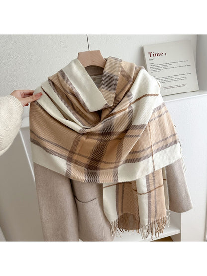 Scarvii - Soft-Tone Plaid Fringed Winter Scarf
