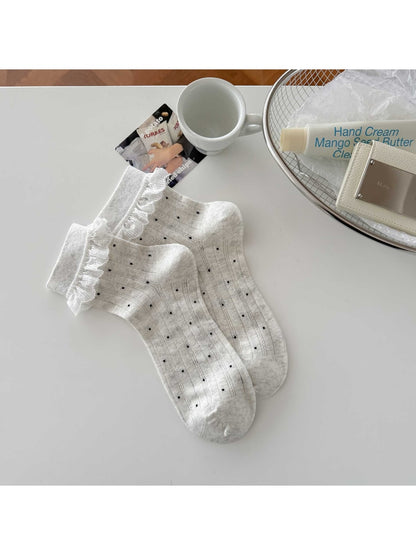 Rufia - Polka Dot Ruffle Lace Trim Crew Socks
