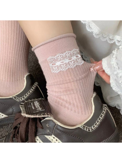 Pink Rufia crew socks with lace ribbon trim