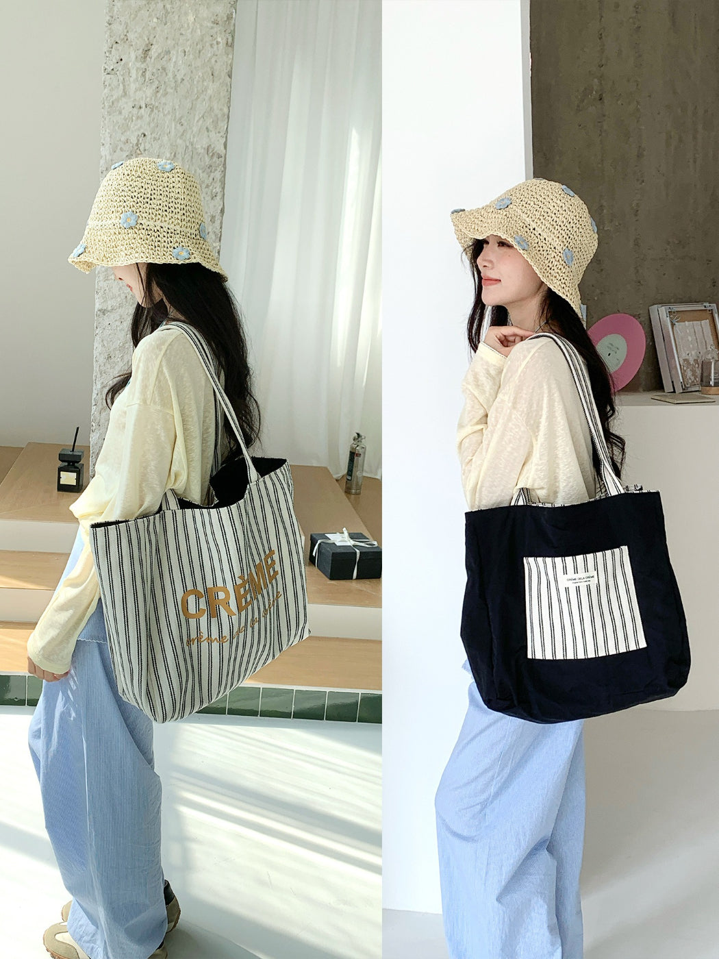 Cosbai tote bag reversed to show solid black side with handles