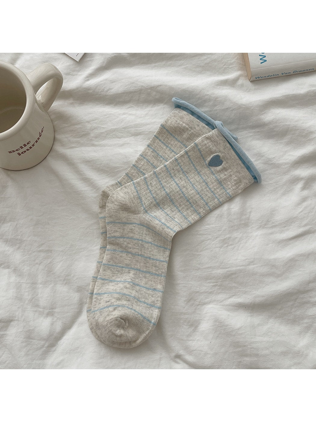Rufia - Heart Stripe Rolled Cuff Casual Crew Socks