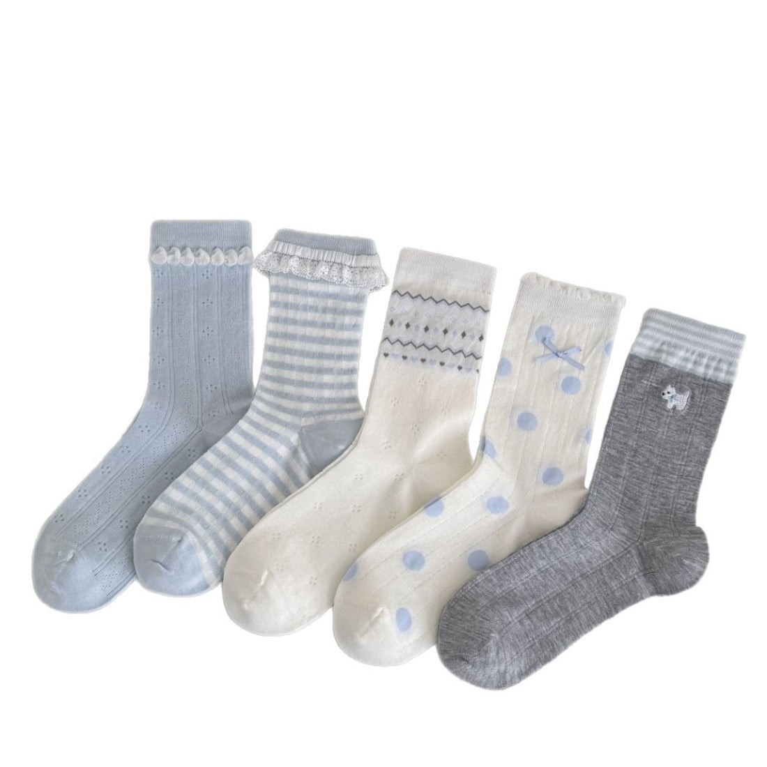 Rufia blue tone crew socks worn on feet with casual shoes