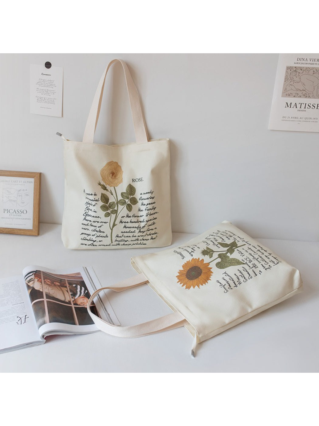 Cosbai - Botanical Script Floral Illustration Tote Bag