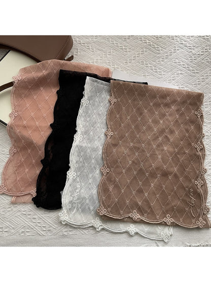Scarvii - Embroidered Trim Lace Plaid Scarf