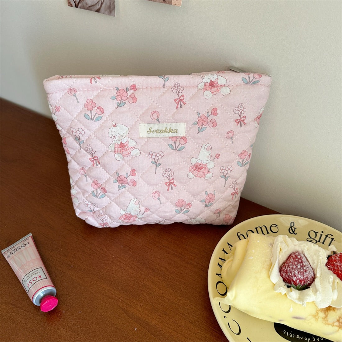 Cosbai - Quilted Pink Makeup Bag