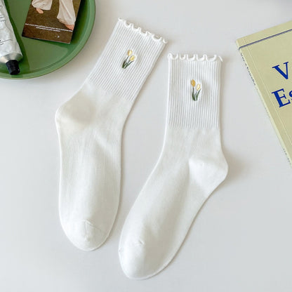 Rufia - Floral Embroidered Ruffled Mid-Calf Socks