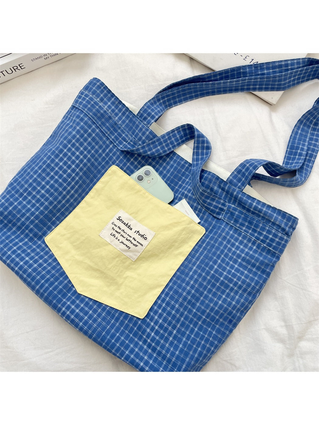 Cosbai - Patchwork Plaid Tote Bag & Shoulder Bag