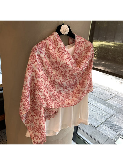 Scarvii - Floral Print Fringe Rectangular Shawl Scarf