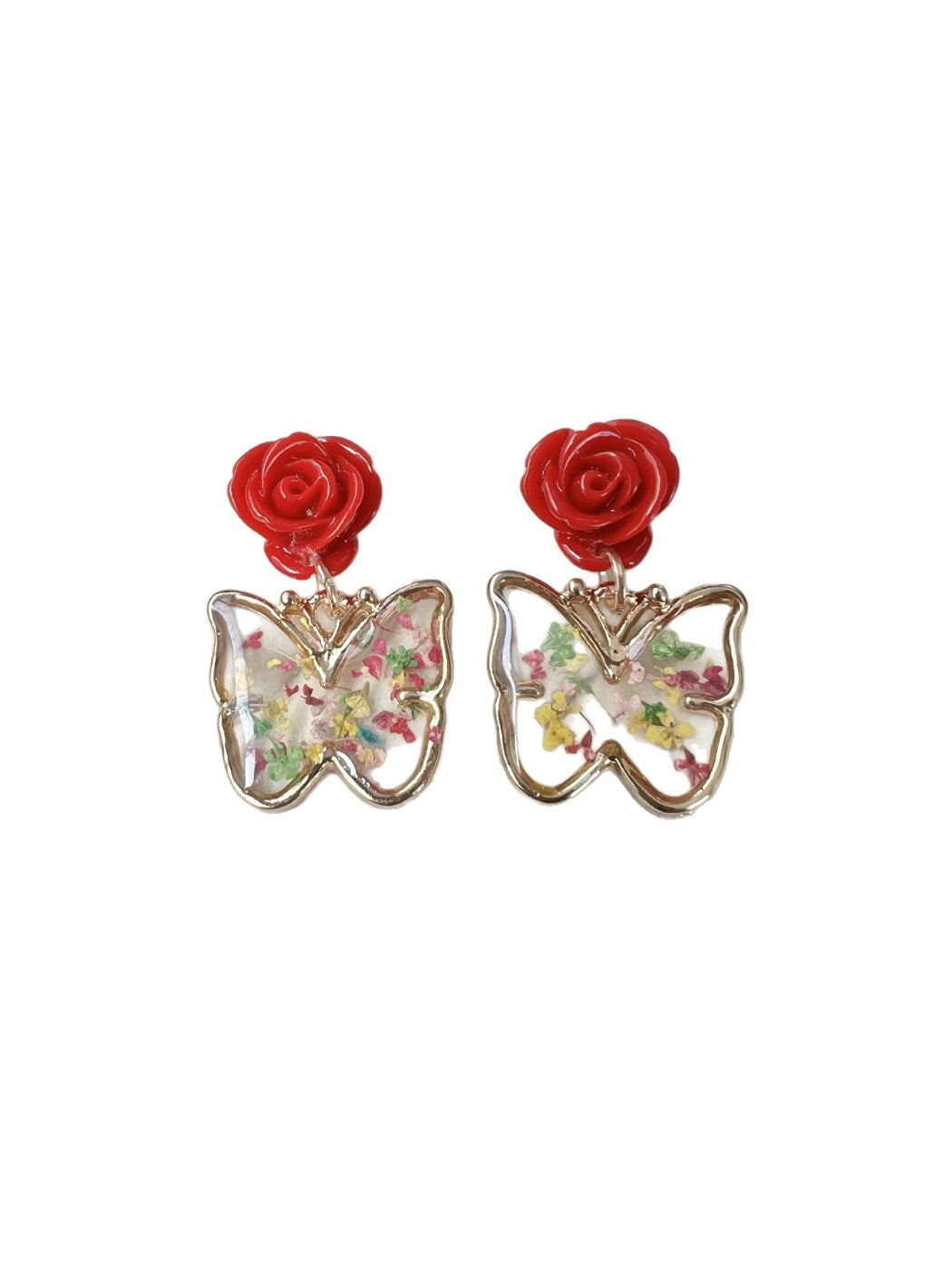 Earwish Rose Butterfly Drop Earrings hanging with visible rose petals and butterfly wings