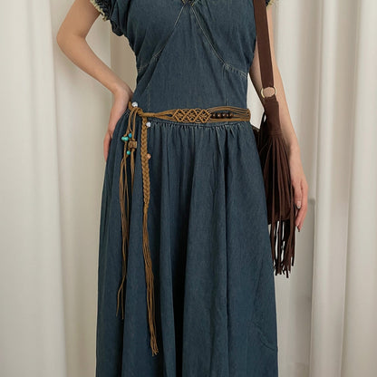 Beco Blue Beaded Braided Wide Tassel Tie Waist Belt color options including Coffee, Brown