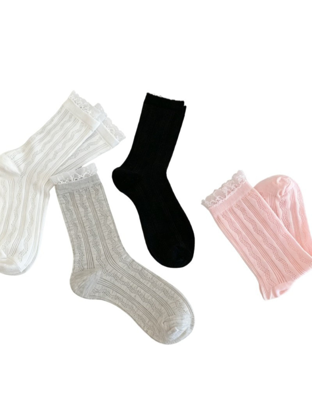 Rufia sheer wave pattern crew socks displayed flat showing full design