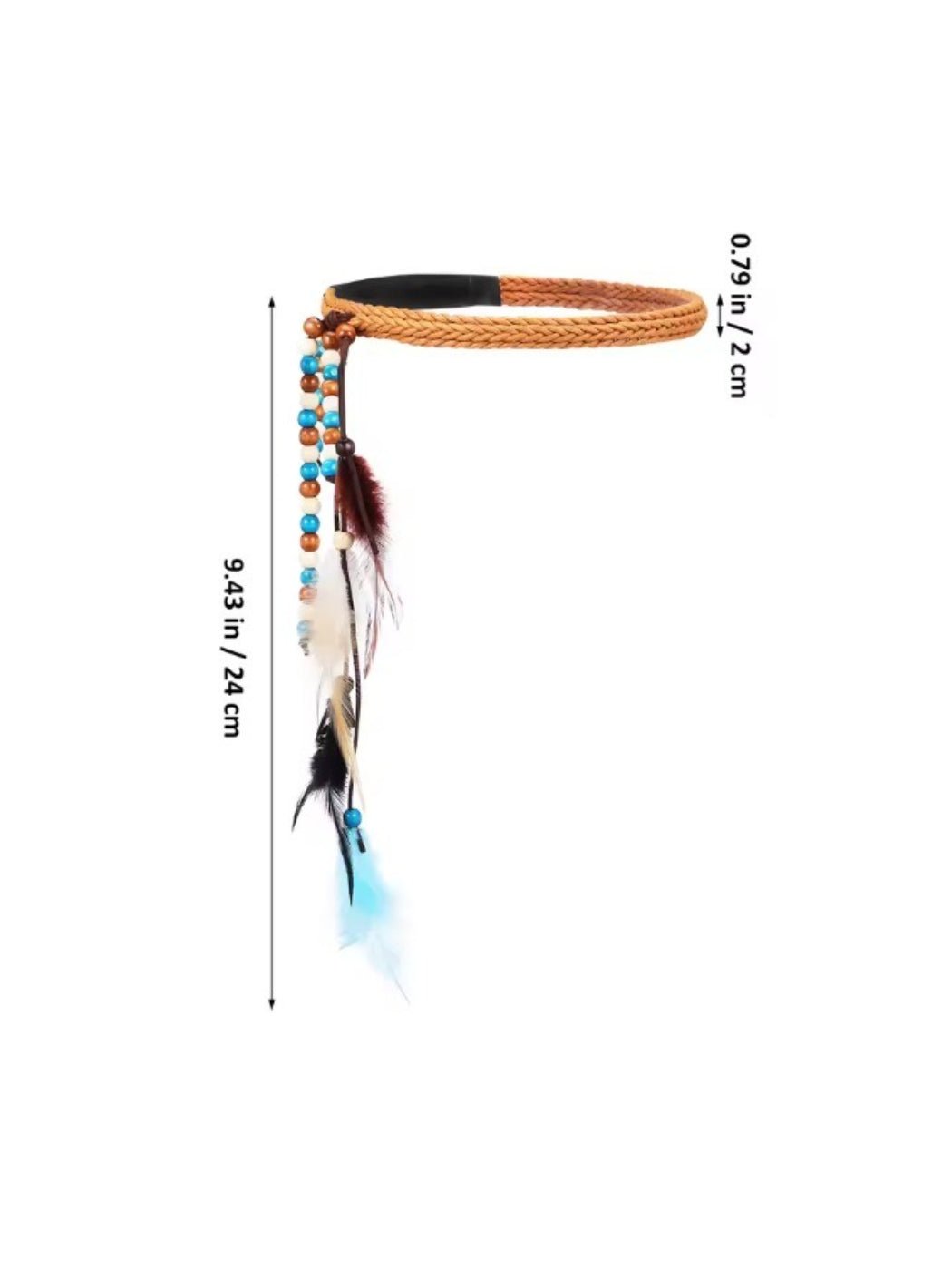 Hairish boho beaded feather headband laid flat showing full length and decorative elements