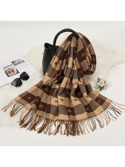 Scarvii - Heart Print Plaid Winter Scarf
