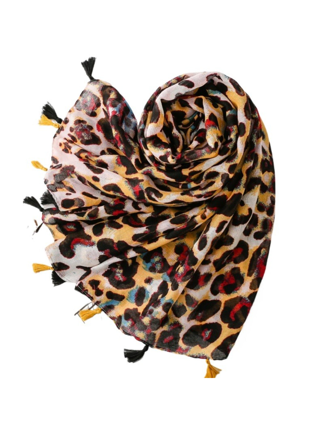 Close-up of Scarvii scarf fabric highlighting multicolor leopard pattern and texture