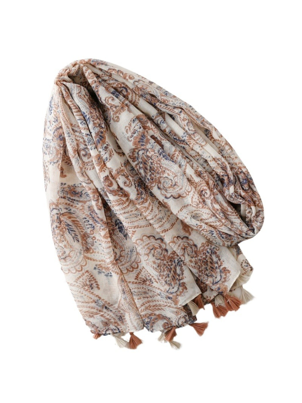 Model wearing Scarvii boho paisley tassel shawl over casual outfit