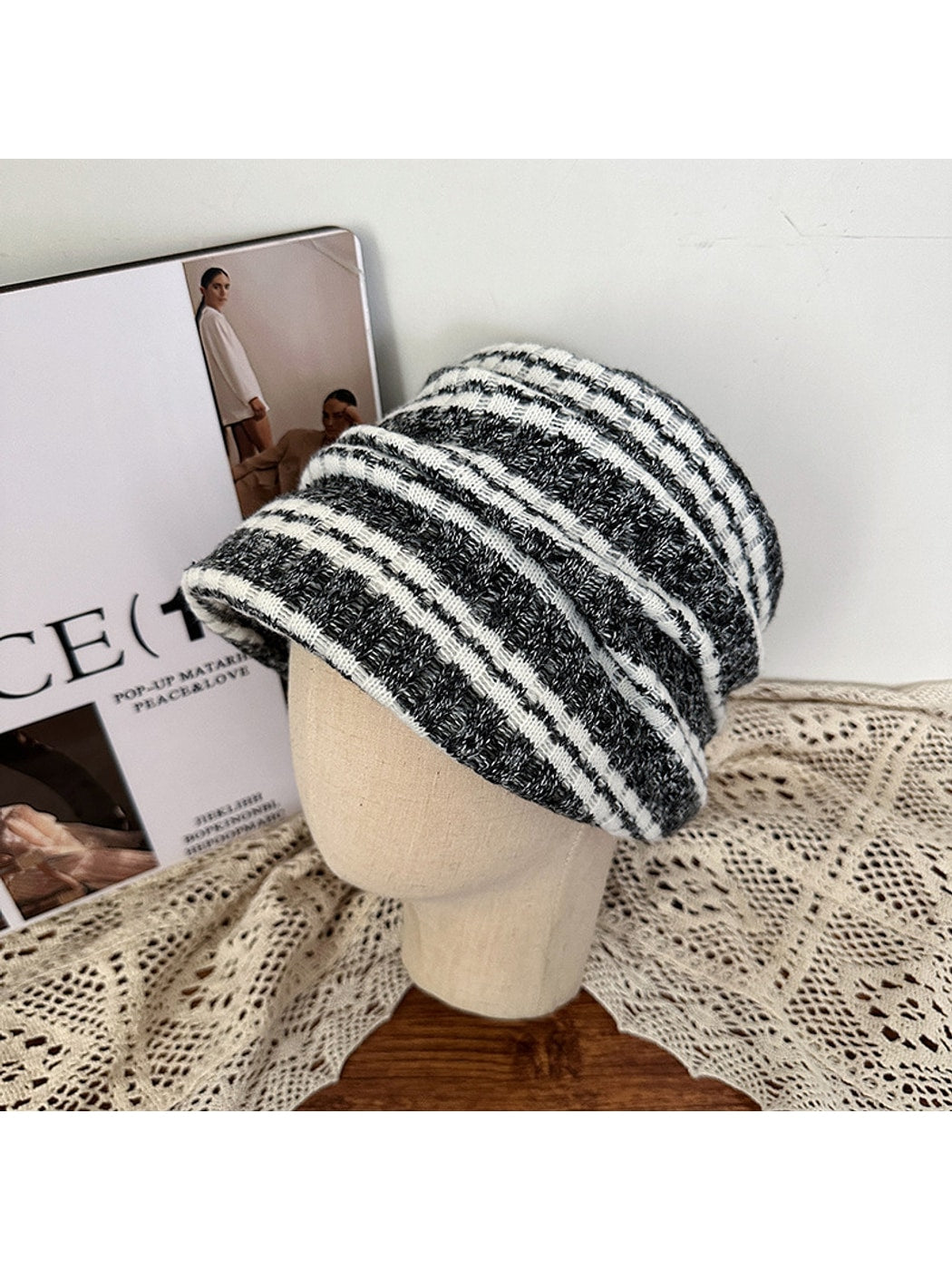 Haila - Women's Flat Crown Striped Knit Beanie