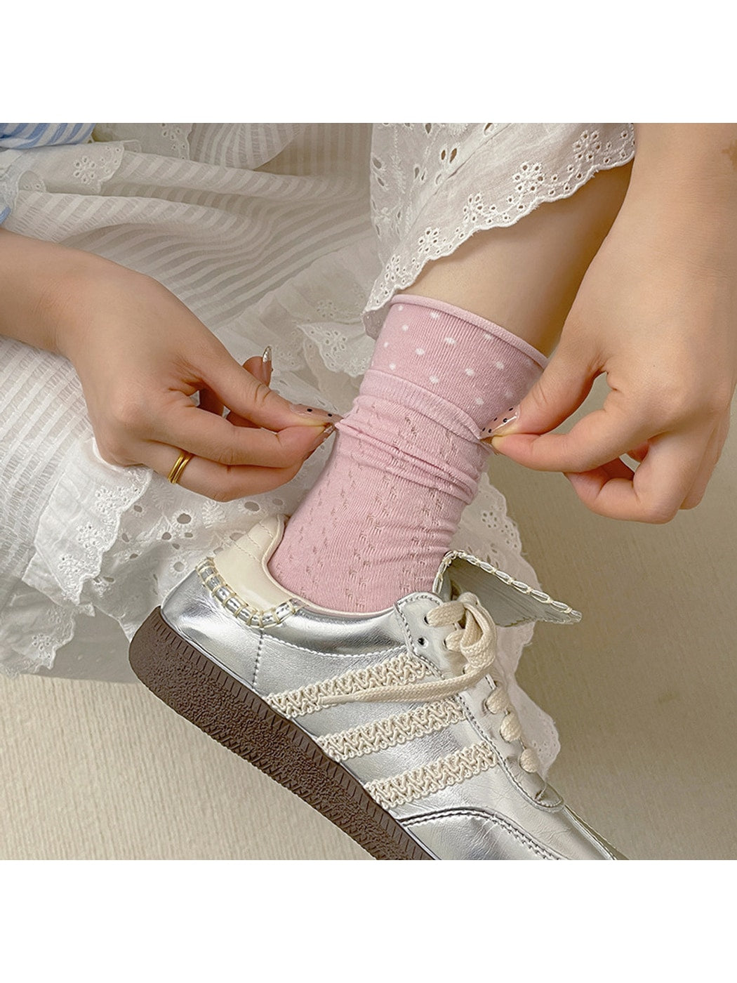 Rufia - Openwork Polka Dot Rolled Trim Crew Socks
