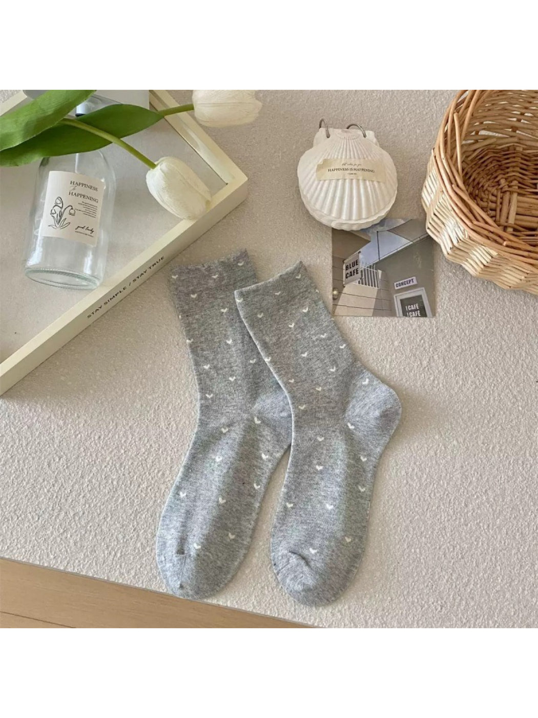 Rufia novelty crew socks worn with visible motif pattern
