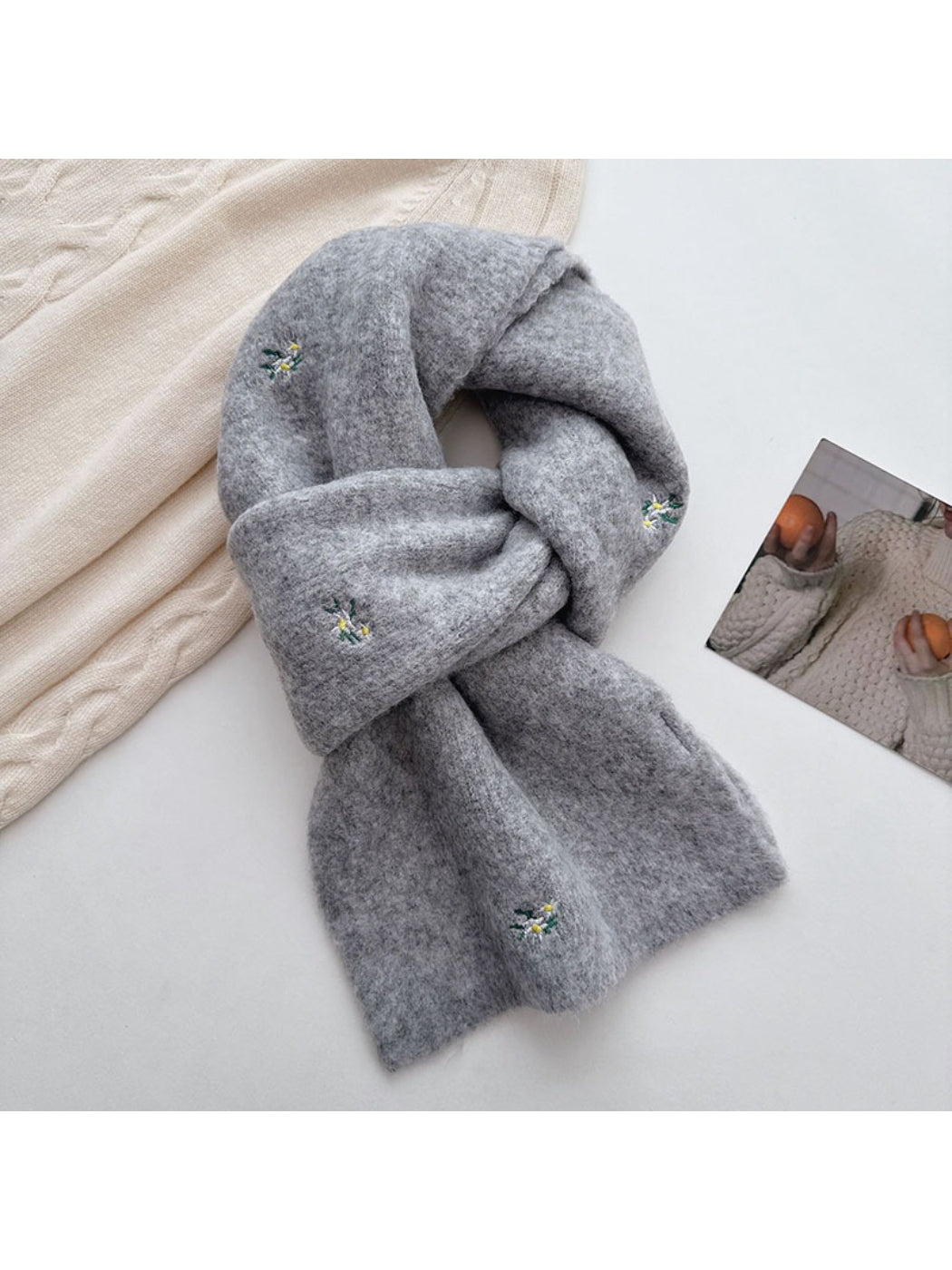 Scarvii - Soft Floral Detail Knit Scarf