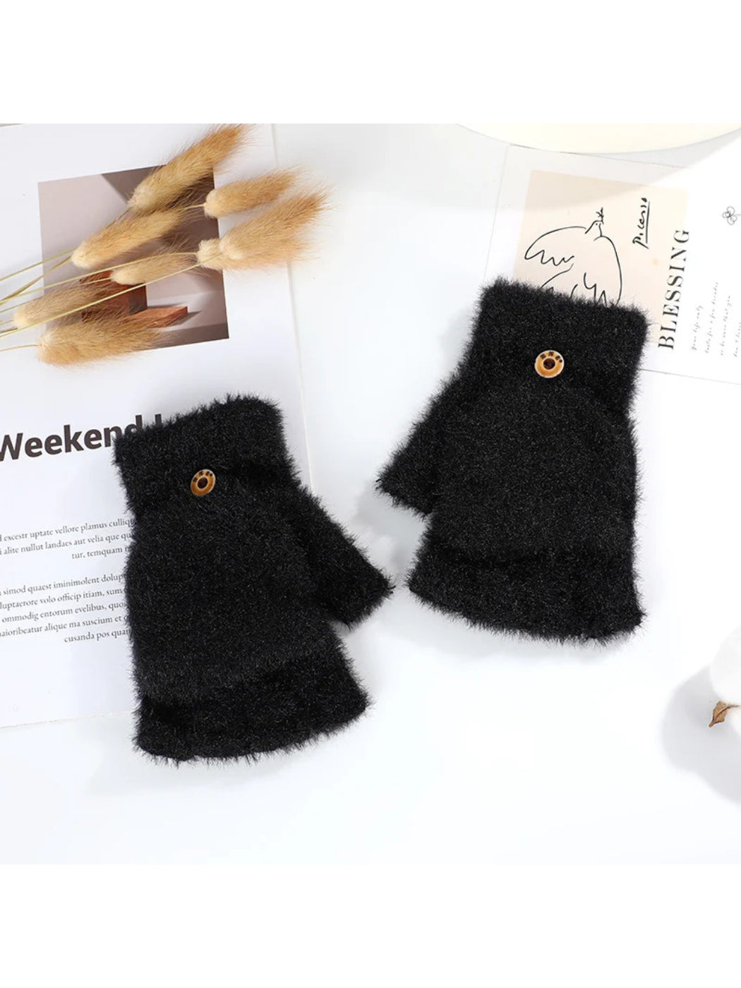 Gloving - Fuzzy Texture Fold-Over Fingerless Gloves