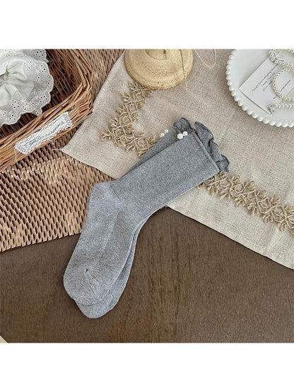 Rufia - Beaded Decorate Solid Color Crew Socks