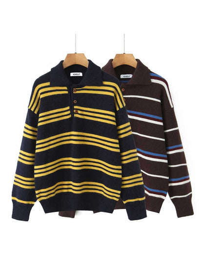 Crosa - Women S Fall Striped Turn Collar Knit Sweater