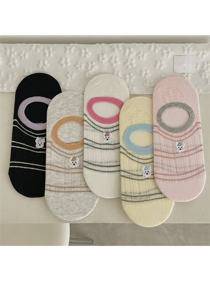 Rufia - Cute Dog Embroidered Stripe No Show Socks
