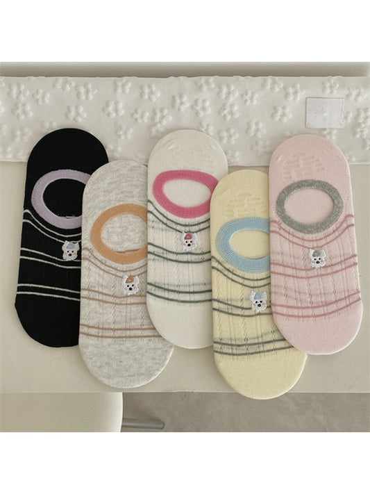 Rufia - Cute Dog Embroidered Stripe No Show Socks