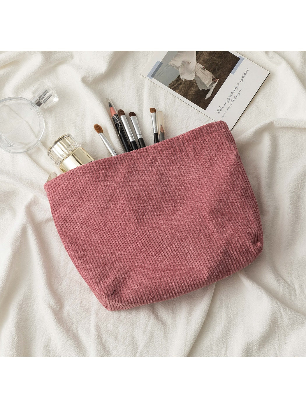 Cosbai - Minimalist Solid Color Ribbed Zip Pouch