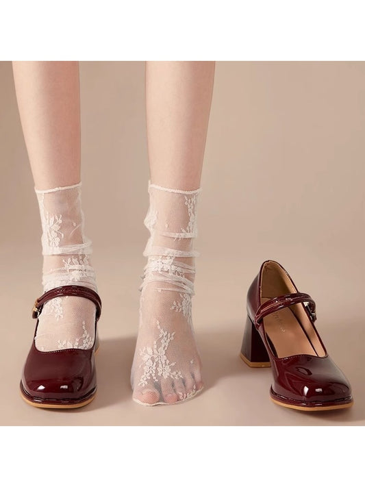 Rufia - Sheer Lace Floral Pattern Crew Socks