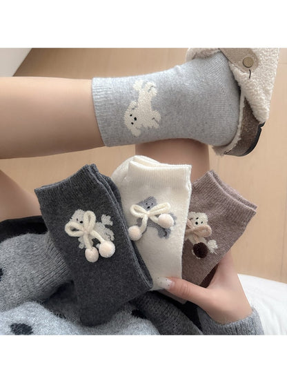 Rufia - Playful Puppy Pattern Plush Bow Crew Socks
